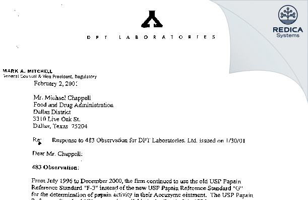 FDA 483 Response - DPT Laboratories, Ltd. [San Antonio Texas / United States of America] - Download PDF - Redica Systems