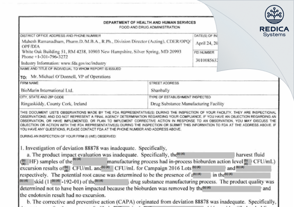 FDA 483 - BioMarin International Limited [Ringaskiddy / Ireland] - Download PDF - Redica Systems