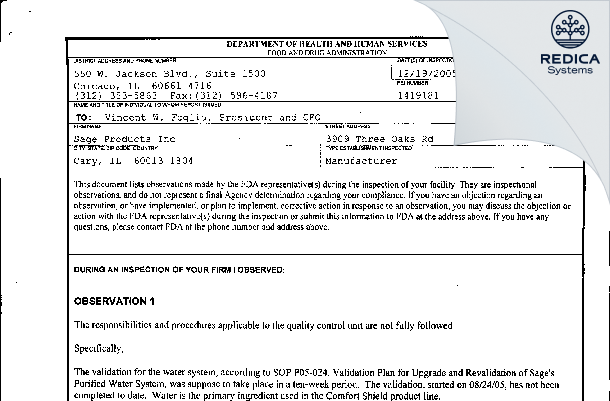 FDA 483 - Sage Products LLC [Cary / United States of America] - Download PDF - Redica Systems