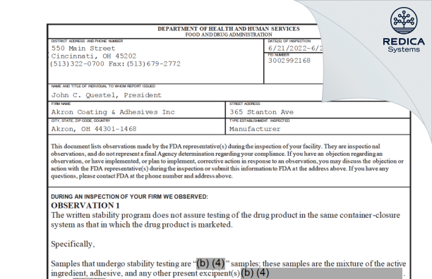 FDA 483 - Akron Coating & Adhesives [Akron Ohio / United States of America] - Download PDF - Redica Systems