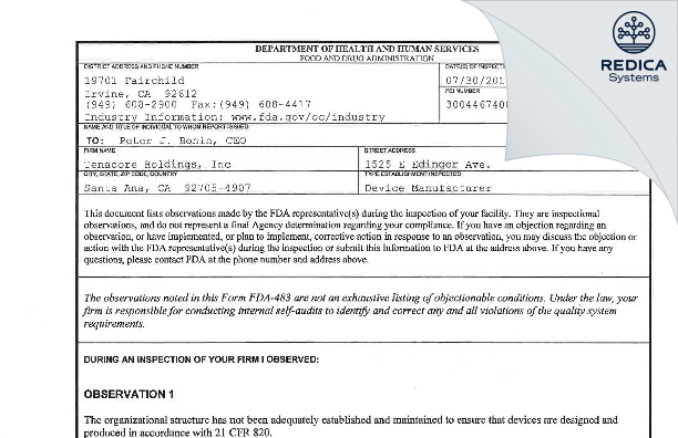 FDA 483 - Tenacore Holdings, Inc [Santa Ana / United States of America] - Download PDF - Redica Systems