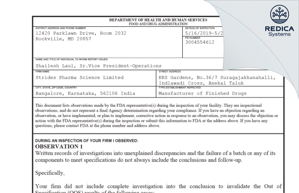 FDA 483 - Strides Pharma Science Limited [Bengaluru / India] - Download PDF - Redica Systems
