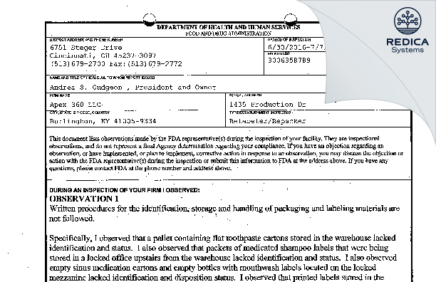 FDA 483 - Apex 360 [Burlington / United States of America] - Download PDF - Redica Systems