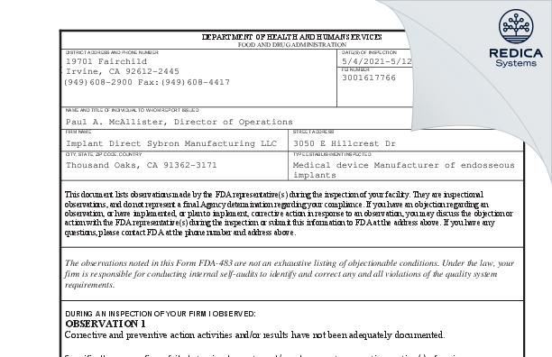 FDA 483 - Implant Direct Sybron Manufacturing LLC [Westlake Village / United States of America] - Download PDF - Redica Systems