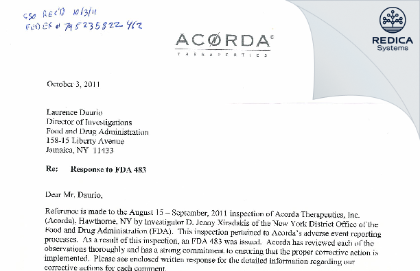 FDA 483 Response - Acorda Therapeutics, Inc. [New York / United States of America] - Download PDF - Redica Systems