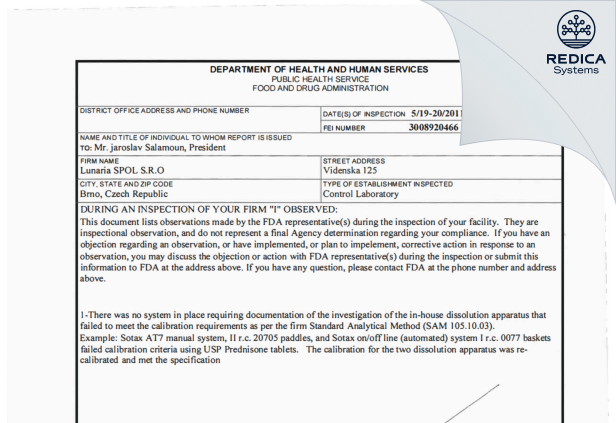 FDA 483 - Eurofins BioPharma Product Testing Czech Republic s.r.o. [Brno / Czechia] - Download PDF - Redica Systems