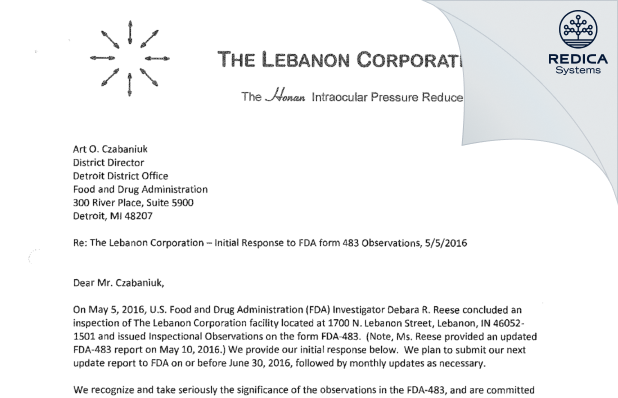 FDA 483 Response - The Lebanon Corporation, Inc. [Lebanon / United States of America] - Download PDF - Redica Systems