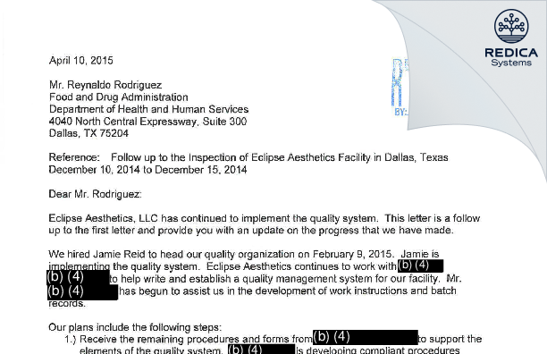 FDA 483 Response - Eclipse Medcorp, LLC [Lewisville / United States of America] - Download PDF - Redica Systems
