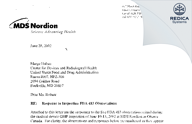 FDA 483 Response - BWXT Medical Ltd. [Ottawa / Canada] - Download PDF - Redica Systems