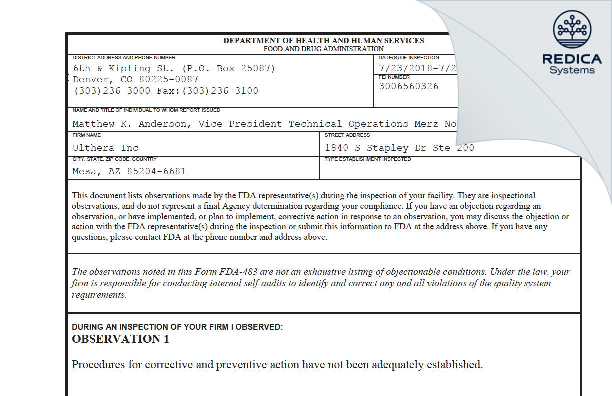 FDA 483 - Ulthera Inc [Mesa / United States of America] - Download PDF - Redica Systems