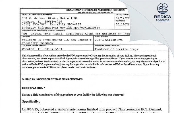 FDA 483 - WellRx LLC [Wheaton / United States of America] - Download PDF - Redica Systems