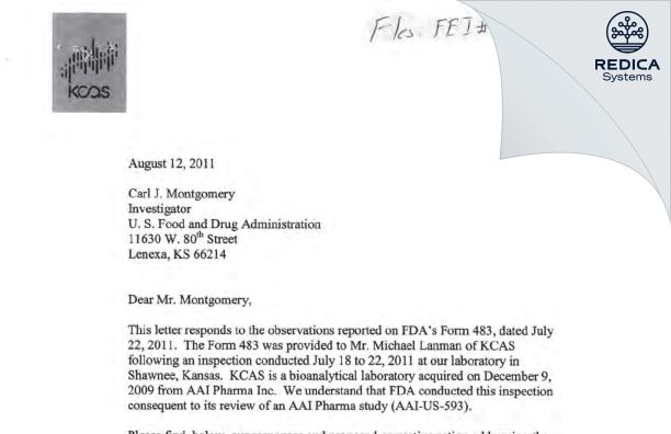 FDA 483 Response - KCAS, LLC [Shawnee Mission / United States of America] - Download PDF - Redica Systems