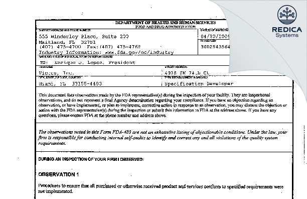 FDA 483 - Victus, Inc. [Miami / United States of America] - Download PDF - Redica Systems