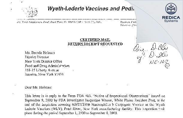 FDA 483 Response - Wyeth Pharmaceutical Division of Wyeth Holdings LLC [New York / United States of America] - Download PDF - Redica Systems