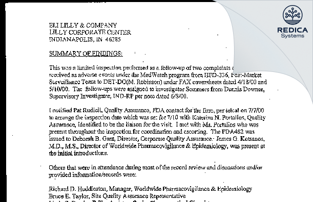 EIR - Eli Lilly and Company [Indianapolis / United States of America] - Download PDF - Redica Systems