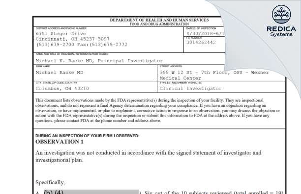 FDA 483 - Michael Racke MD [Columbus / United States of America] - Download PDF - Redica Systems