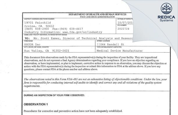 FDA 483 - SSCOR Inc [Sun Valley / United States of America] - Download PDF - Redica Systems
