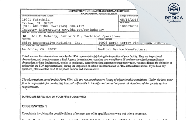 FDA 483 - Organogenesis Inc [La Jolla / United States of America] - Download PDF - Redica Systems