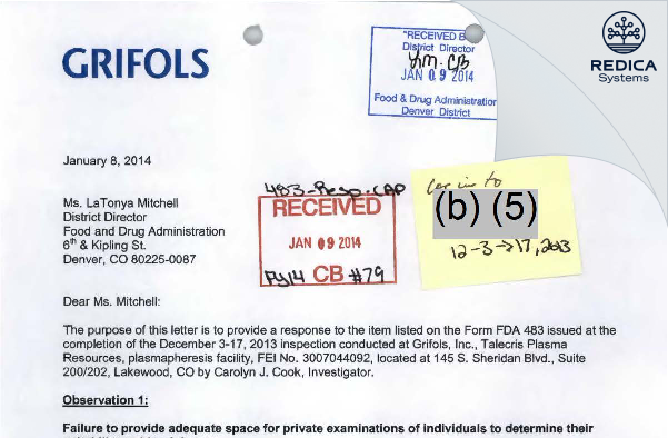 FDA 483 Response - Biomat USA, Inc. [Lakewood / United States of America] - Download PDF - Redica Systems