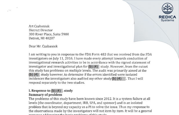 FDA 483 Response - Berhane nmi Seyoum, M.D. [Detroit / United States of America] - Download PDF - Redica Systems