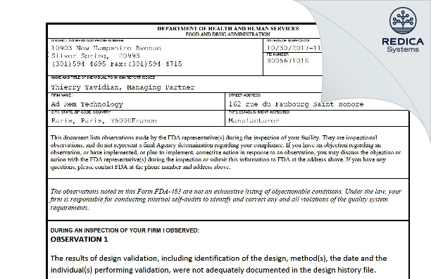 FDA 483 - Ad Rem Technology [Paris / France] - Download PDF - Redica Systems
