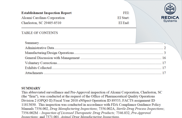 EIR - Alcami Carolinas Corporation [Charleston / United States of America] - Download PDF - Redica Systems