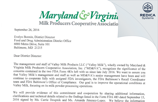 FDA 483 Response - Valley Milk Products, LLC [Strasburg / United States of America] - Download PDF - Redica Systems