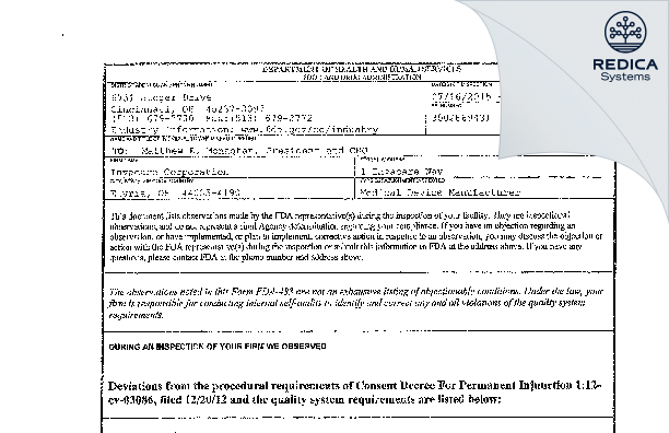 FDA 483 - Invacare Corporation [Elyria / United States of America] - Download PDF - Redica Systems