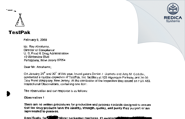 FDA 483 Response - Aphena Pharma Solutions - New Jersey, LLC [Whippany / United States of America] - Download PDF - Redica Systems