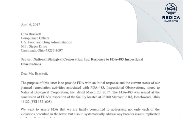 FDA 483 Response - National Biological Corp [Beachwood / United States of America] - Download PDF - Redica Systems