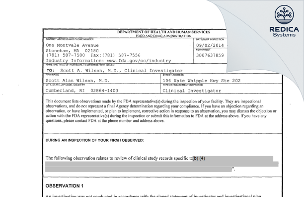 FDA 483 - Scott Alan Wilson, M.D. [Cumberland / United States of America] - Download PDF - Redica Systems