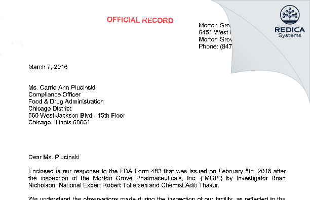 FDA 483 Response - Morton Grove Pharmaceuticals, Inc. [Morton Grove / United States of America] - Download PDF - Redica Systems