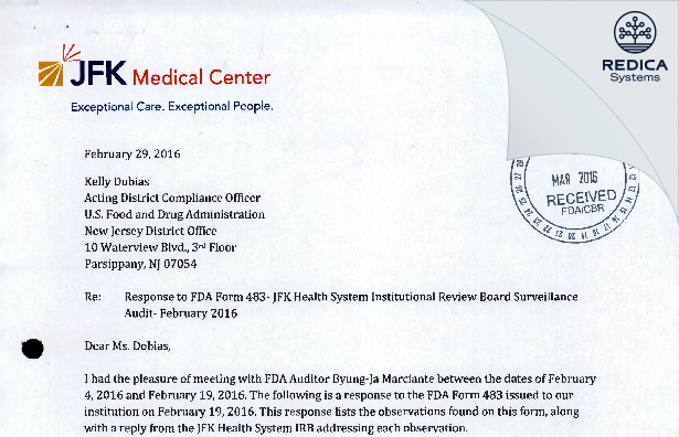 FDA 483 Response - JFK Health IRB [Edison / United States of America] - Download PDF - Redica Systems