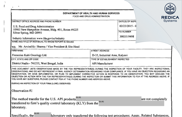 FDA 483 - Fresenius Kabi Oncology Limited [Kalyani / India] - Download PDF - Redica Systems