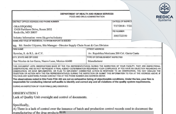 FDA 483 - Symrise, S. DE R.L.DE C.V. [Mexico / Mexico] - Download PDF - Redica Systems