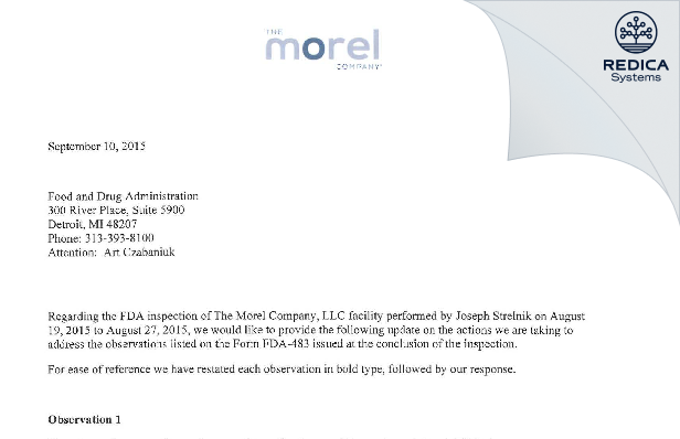 FDA 483 Response - The Morel Company, LLC [Batesville / United States of America] - Download PDF - Redica Systems