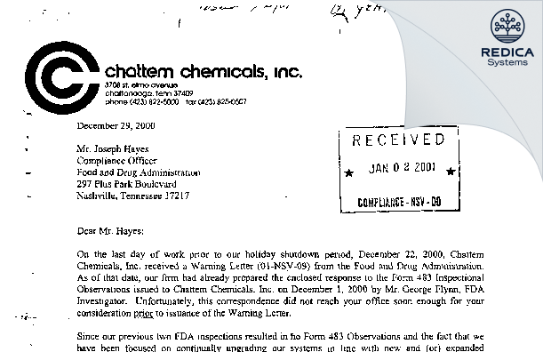 FDA 483 Response - Chattem Chemicals, Inc. [Chattanooga / United States of America] - Download PDF - Redica Systems