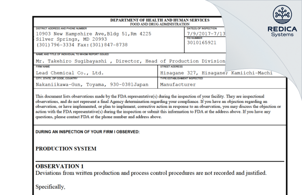 FDA 483 - Lead Chemical Co.,Ltd. [Kamiichi-Machi / Japan] - Download PDF - Redica Systems