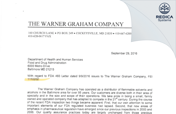 FDA 483 Response - Warner Graham LLLP [Cockeysville / United States of America] - Download PDF - Redica Systems