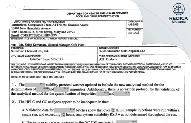 FDA 483 - Sumitomo Chemical Co., Ltd. [Anpachi-Cho / Japan] - Download PDF - Redica Systems