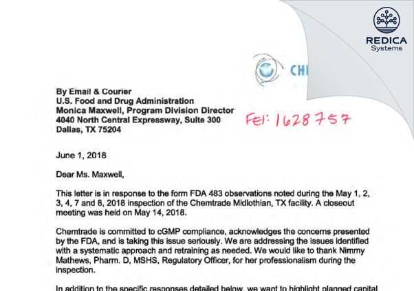 FDA 483 Response - Aurorium LLC [Midlothian / United States of America] - Download PDF - Redica Systems