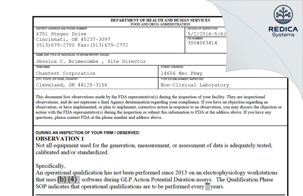 FDA 483 - Charles River Laboratories Cleveland, Inc. [Ohio / United States of America] - Download PDF - Redica Systems
