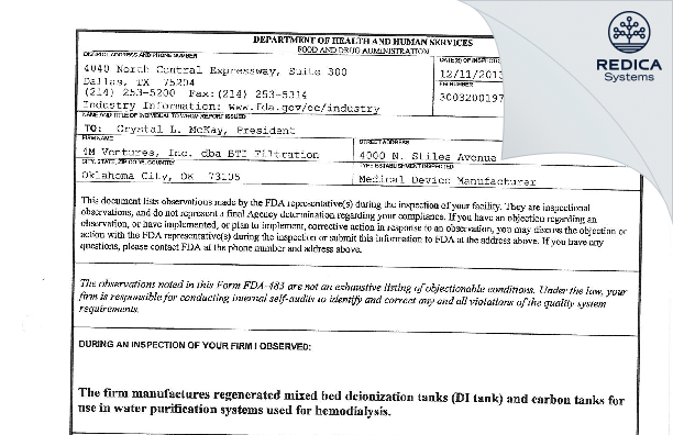 FDA 483 - BTI Filtration [Oklahoma City / United States of America] - Download PDF - Redica Systems