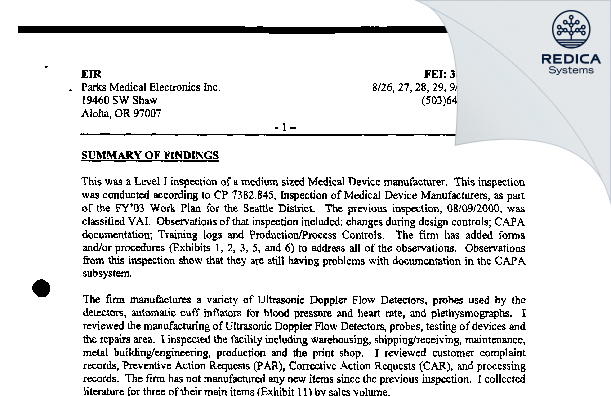 EIR - Parks Medical Electronics, Inc [Aloha / United States of America] - Download PDF - Redica Systems