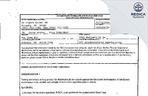 FDA 483 - Kor-Chem, Inc. [Atlanta / United States of America] - Download PDF - Redica Systems