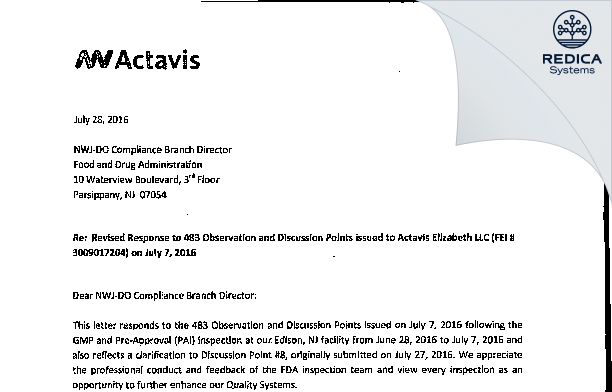 FDA 483 Response - Actavis LLC [Jersey / United States of America] - Download PDF - Redica Systems