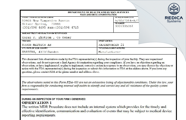 FDA 483 - TURON MEDTECH AB [Varberg / Sweden] - Download PDF - Redica Systems