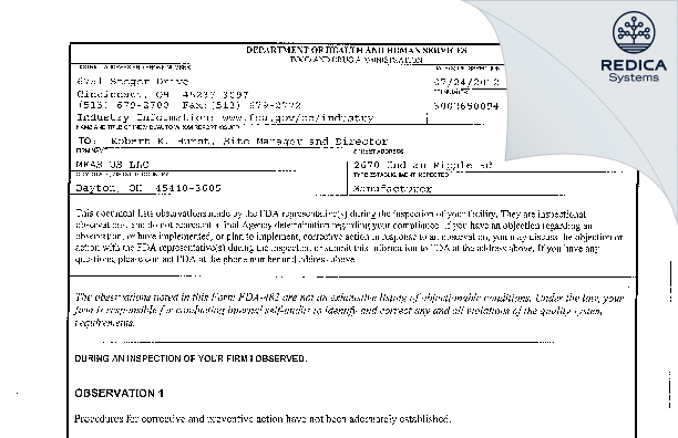 FDA 483 - Measurement Specialties Inc [Beavercreek / United States of America] - Download PDF - Redica Systems