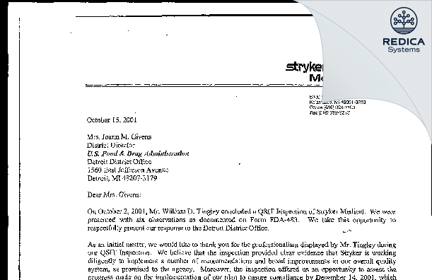 FDA 483 Response - Stryker Medical Division of Stryker Corporation [Portage / United States of America] - Download PDF - Redica Systems