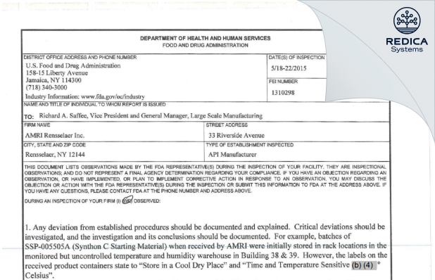 FDA 483 - Curia New York, Inc. [New York / United States of America] - Download PDF - Redica Systems